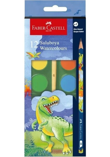 Faber Castell Dinazor  Büyük Boy Sulu Boya 12'li + 1 Kurşun Kalem Hediyeli 000002