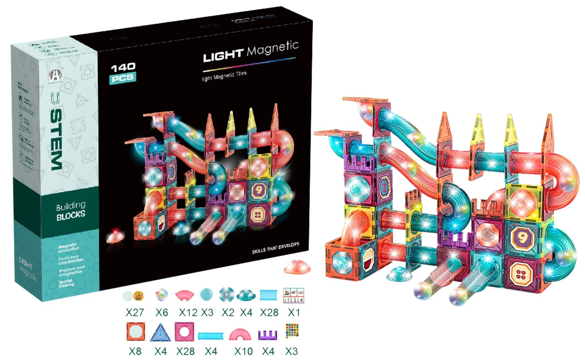 Magnetic Tiles 3D Mıktnatıslı Light Manyetik Yapı Blokları 140 Parça
